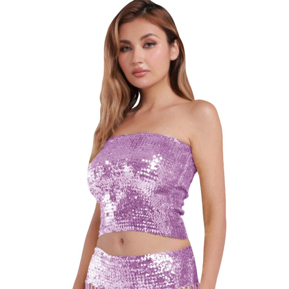 4692 Girls Shiny Sequin Tube Top Sexy Strapless Stretchy Crop Vest Chest